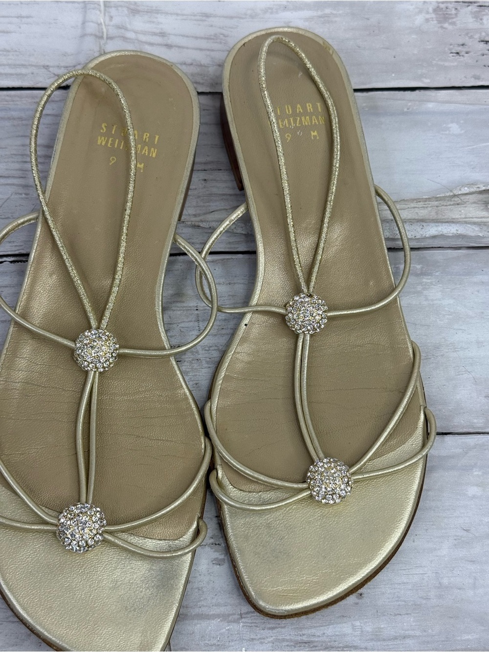 Stuart Weitzman Gold T-Strap Rhinestone Sandals - Picture 6 of 7